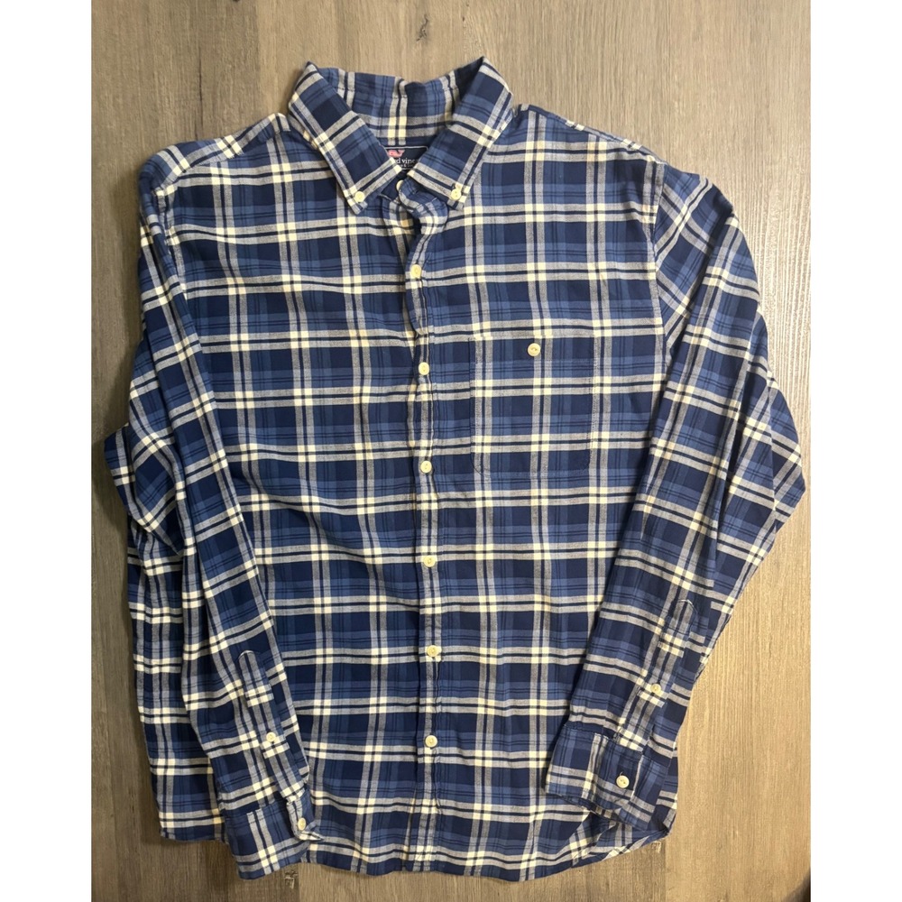 Vineyard Vines Button Down Mens L Blue Plaid Slim Longshore Cotton Linen Stretch
